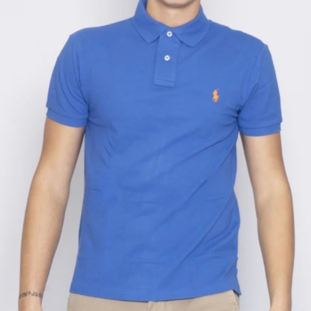 Polo Ralph Lauren (Size L) Men's Blue & Orange Pony Logo Button Polo Shirt